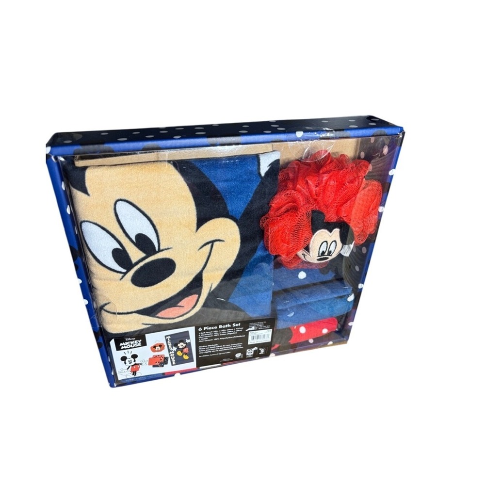 Disney Mickey Mouse 6 Piece Bath Gift Set: 1 Towel 4 Washcloths Loofah NEW